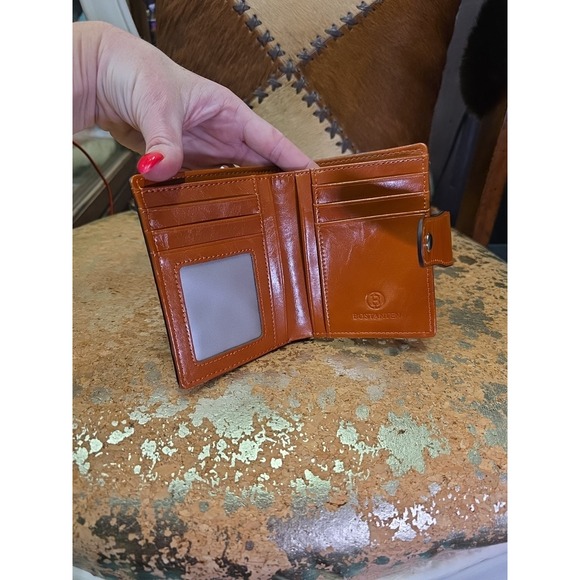 Bostanten Small Brown Leather Bifold Wallet Snap Closure Zip Pocket - Picture 8 of 10